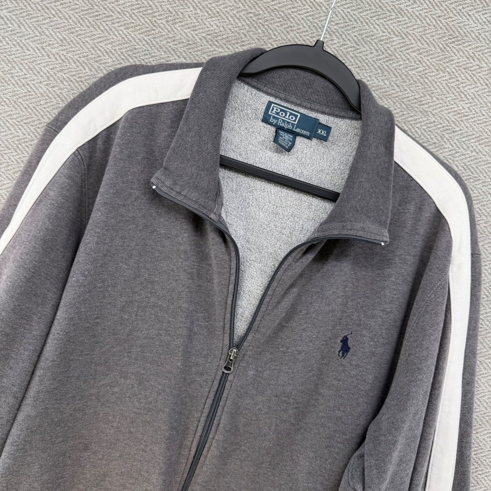 Polo Ralph Lauren Track Jacket XXL Gray Cotton Fleece Side Stripe Full Zip Pony